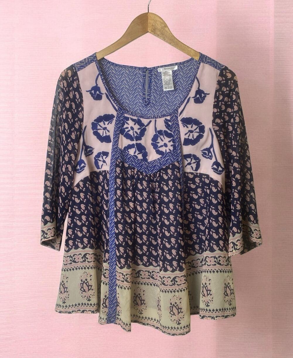 Esley Boho Blue Pink Multi Print Coquette Cottage Blouse Women's Size Small